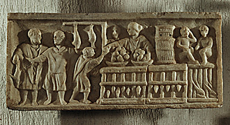 Woman worker in butcher shop, clay relief, Ostia Italy 